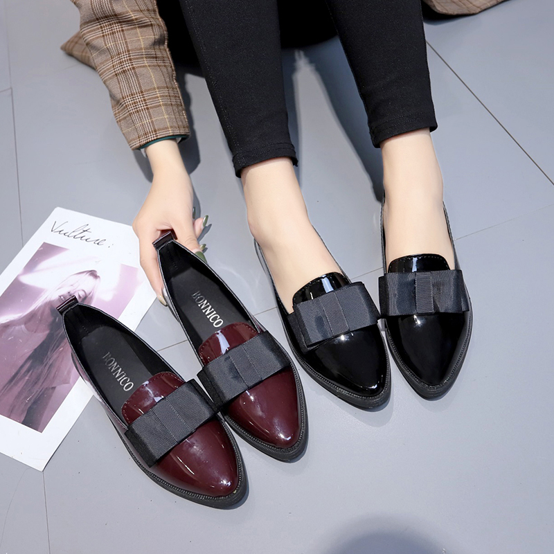 Shoes For Women Flats - Siyah/Şarap Kırmızısı Rugan Deri Sivri Burunlu