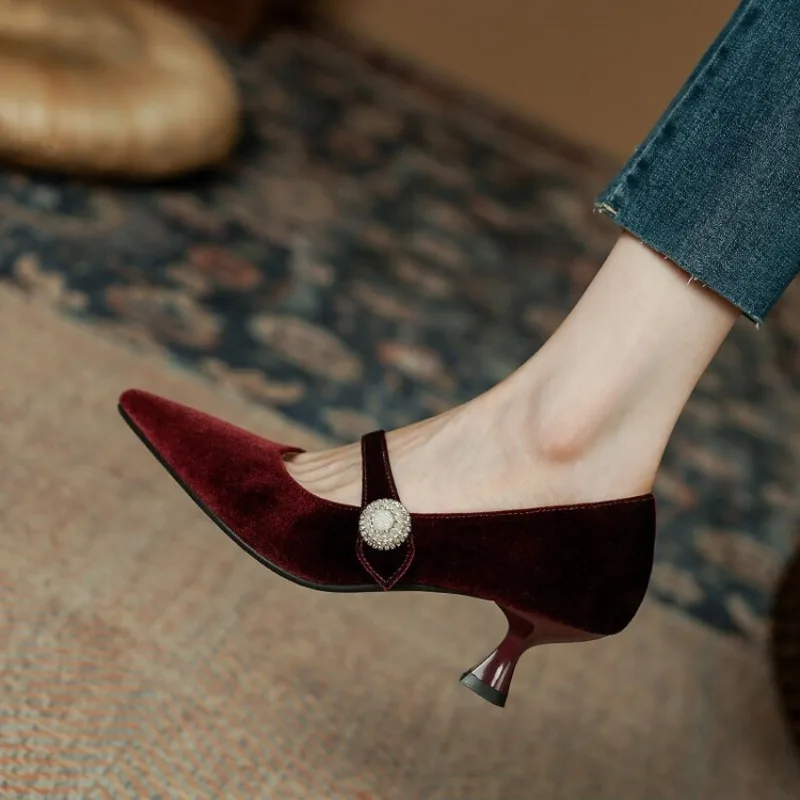 Mary Jane Shoes - Şarap Kırmızısı Sivri Burun Mary Jane