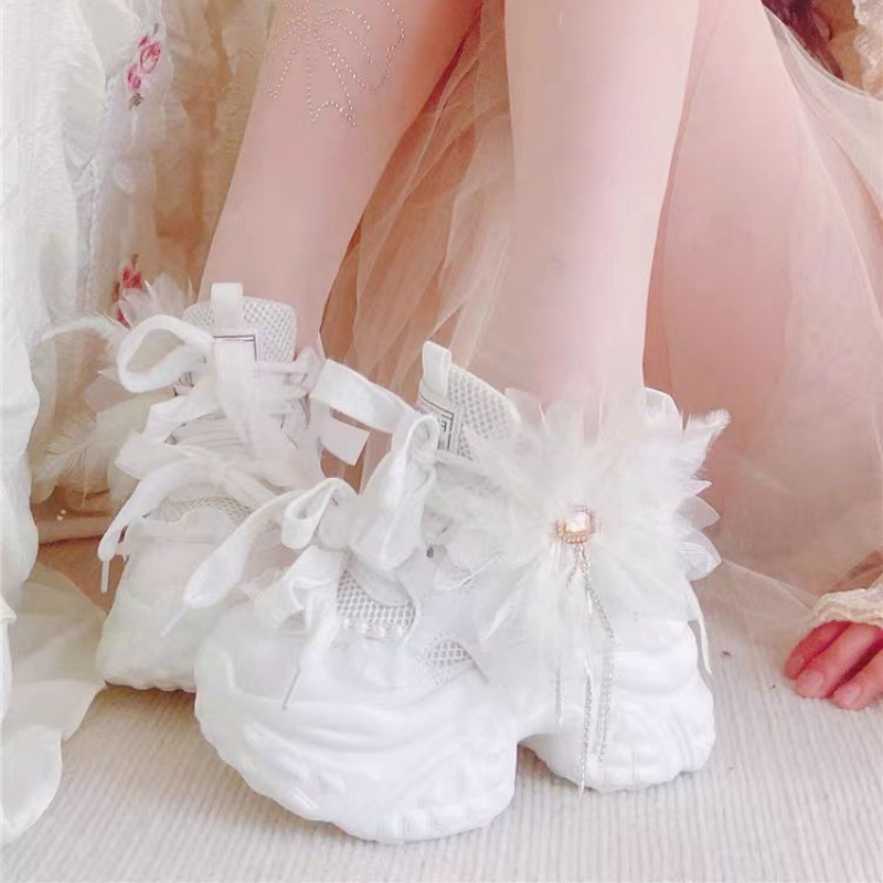 Women'S Shoes Hands Free - Beyaz çiçekli dantel taklidi püskül inci