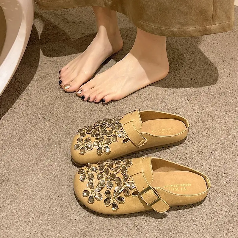 Women'S Shoes Clogs - Kadın Çiçekli Yapay Elmas Tokalı Askılı