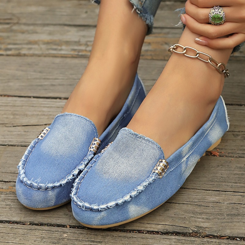 Women'S Shoes Round Toe - Moda Açık Mavi Kot Mokasenler Metal