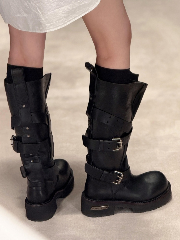 Women'S Shoes Paris - Kemer Tokası Siyah Deri Motosiklet Botları