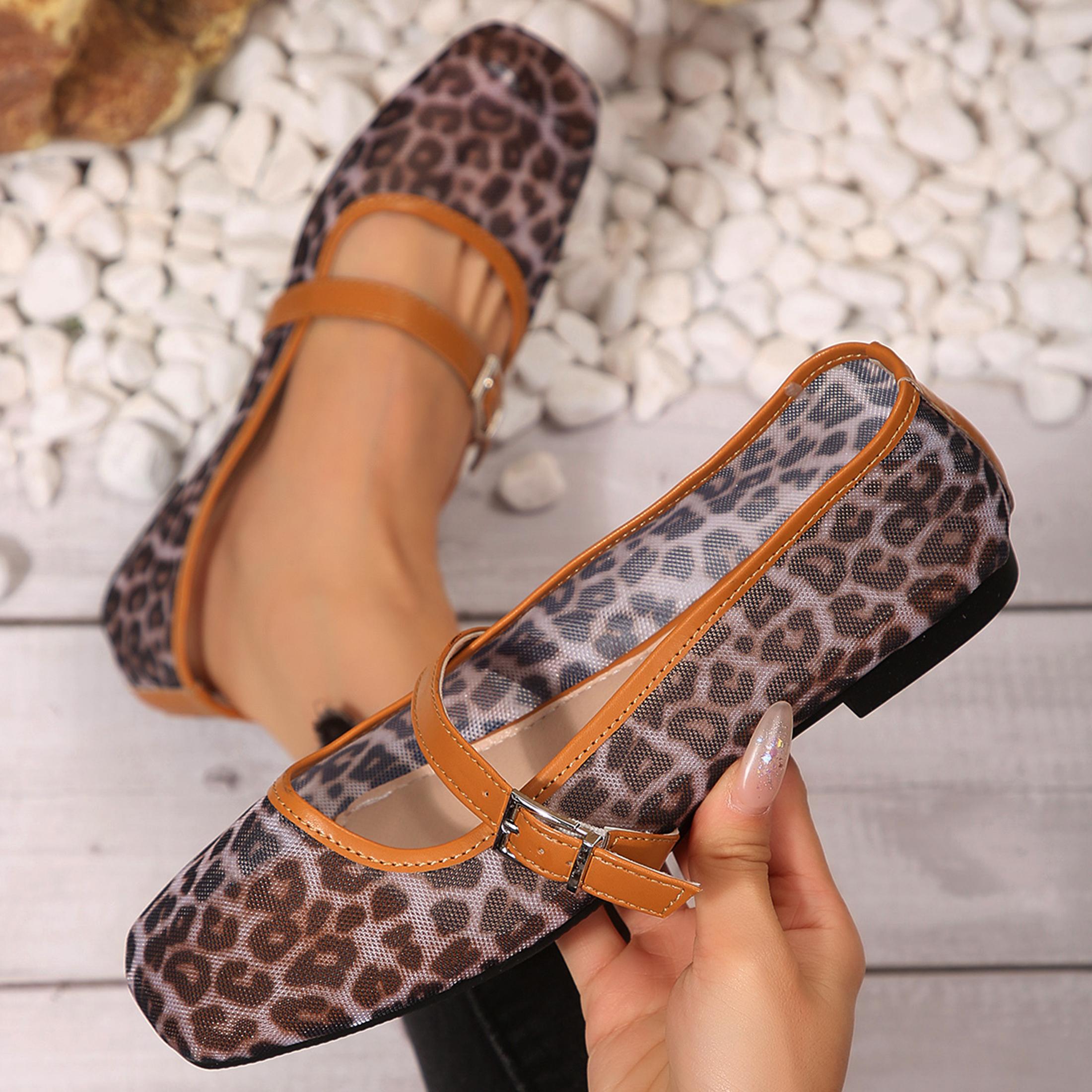 Shoes For Women Flats - Kadın Leopar Örgü Düz Ayakkabılar Kare